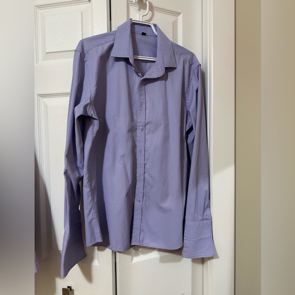 Men's US Size 43 Purple Shirt with Fold-Up Cuffs Requiring Cuff Links